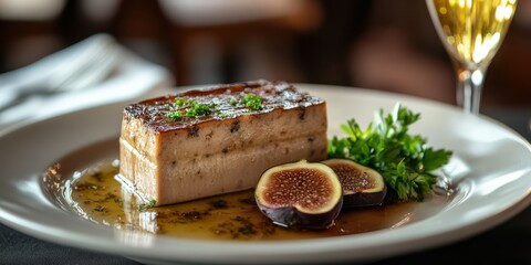 Gourmet dish featuring grilled meat, fresh herbs, and figs served in an elegant restaurant setting during dinner time
