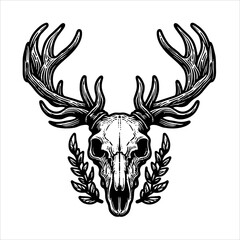 illustration vector of Deer skull head in black white line drawing
