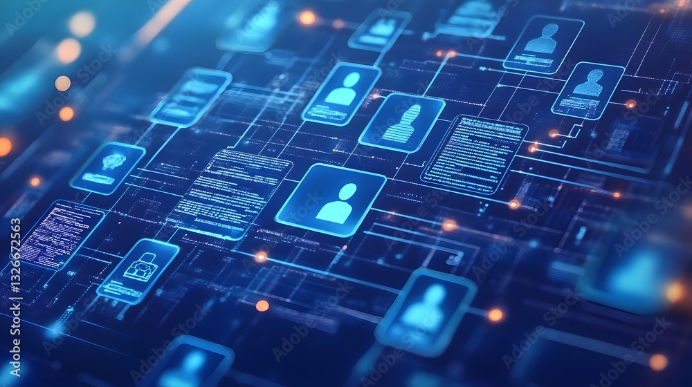 Poster Social network connecting people with data showing through futuristic interface