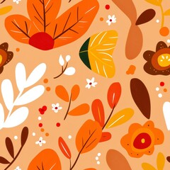 Fototapeta premium Autumn Floral Pattern Orange, Brown, and White Stylized Leaves and Flowers on Beige Backgrounds