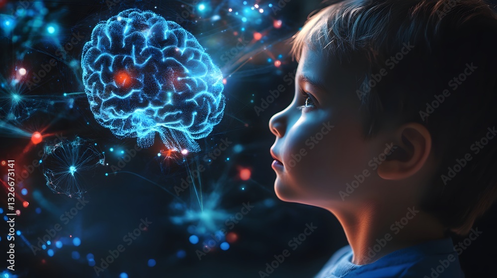 Poster Child observing glowing brain representing artificial intelligence and neural networks