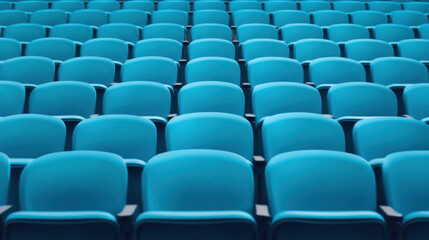 Obraz premium Empty blue stadium chairs arranged in neat rows create vibrant and inviting atmosphere. uniformity of seating enhances visual appeal of space