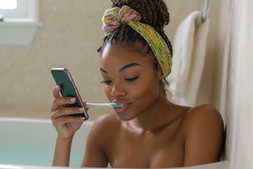 Woman in Bathroom Brushing Teeth Using Smartphone Relaxing Bath Tub Girl Care Skin Clean Happy Water