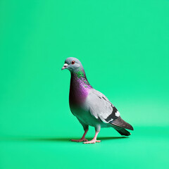 Fototapeta premium full body profile view of pigeon with vibrant plumage against bright green background, showcasing its unique colors and features. This captures essence of urban wildlife