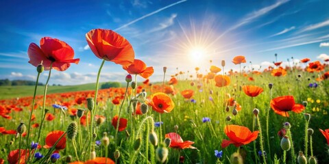 Fototapeta premium Sunny red poppies sway gently in the summer breeze amidst a lush green meadow with wildflowers and a clear blue sky
