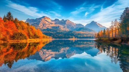 Reflecting Mountain Lake Surrounded by Autumn Trees and a Clear Sky
