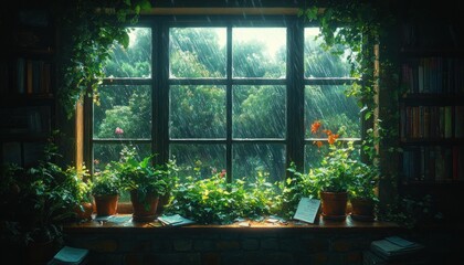 Rainy Day Interior View with Cozy Desk and Lush Green Plants