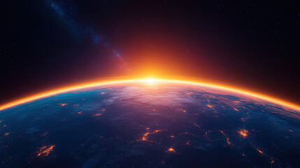 Obraz premium stunning view of Earth from space, showcasing vibrant sunrise over horizon, with glowing city lights visible on surface. scene evokes sense of wonder and tranquility