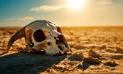 A weathered skull of an animal lies in a hot, arid desert environment, under the sun.