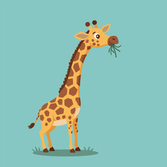 Obraz premium Giraffe Eating Grass Cartoon Illustration on Light Teal Background