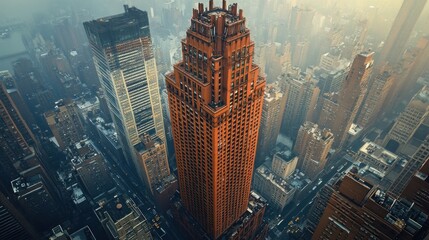 Aerial view of a reddish-brown skyscraper amidst a dense urban cityscape on a hazy morning