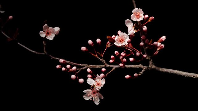 Time lapse footage of blooming pink Prunus cerasifera 'Atropurpurea' blossoms isolated on black background, many flowers blooming from bud to full blossom together, 4k video b roll shot.