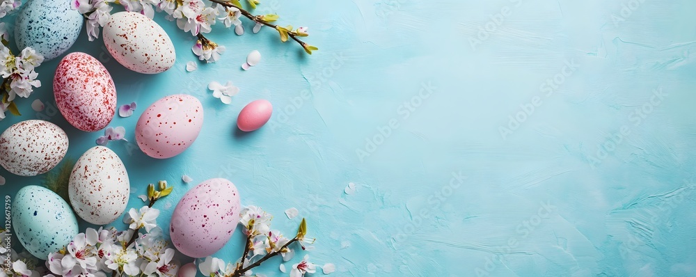 Poster easter eggs and spring flowers creating a frame on a light blue background