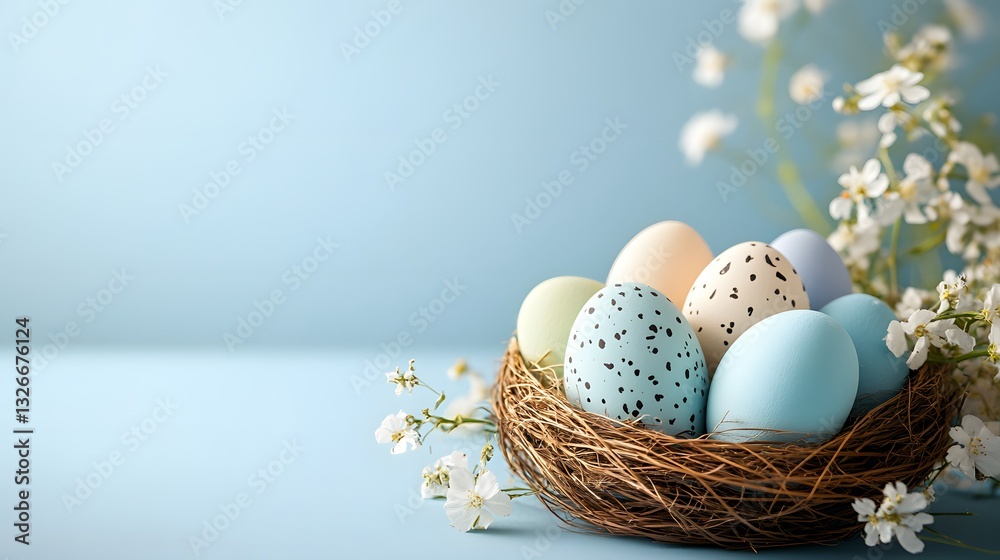 Poster easter eggs with spring flowers resting in a nest on a light blue background