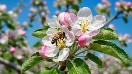 A close-up of a honeybee collecting nectar from delicate apple blossoms, surrounded by lush green leaves and soft sunlight.
