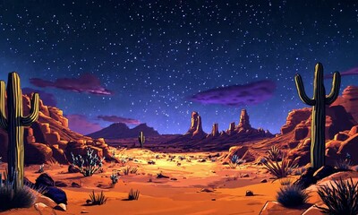 A cartoon-style desert scene under a night sky filled with stars and purple clouds. - Powered by Adobe