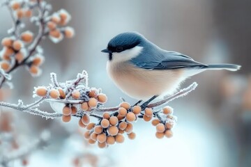 Naklejka premium Winter Scene with Titmouse Feeding on Seeds Near Bird Feeder by Window