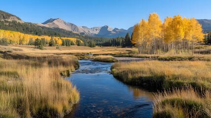 Scenic River Flowing Through Autumn Landscape with Golden Aspen Trees