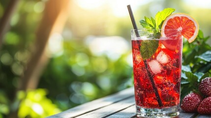 Glass of red beverage with straw and lime slice on table in bright setting