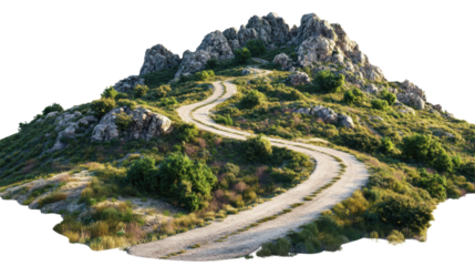 A winding, curvy mountain road lined with greenery and rocky outcrops, cut out and isolated on a transparent background, leading up into the mountains. -