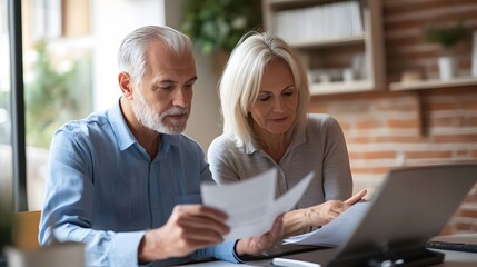 Senior couple managing domestic finances and calculating bills at home