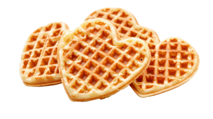 A visually appealing arrangement of heart-shaped waffles stacked neatly, with a crispy, golden-brown texture, isolated on a transparent background
