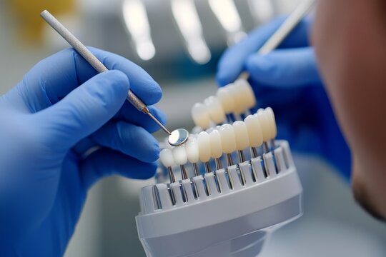 Dental Technician Selecting Perfect Shade Matching Teeth Lab Crown Color Guide Bridge Veneer Health 