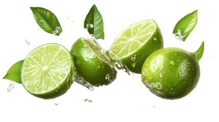 Fresh limes with leaves splashing into a splash of juice, cut out and isolated on a transparent background, with water droplets glistening around them