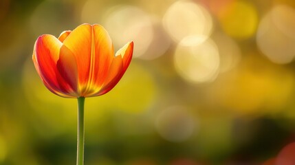 Single orange tulip flower on a green background under natural sunlight in a garden setting