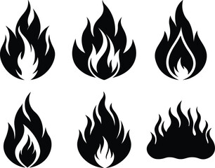Stylized Fire Flame Clipart Icons Set. Burning Flames Symbol Black Silhouette Vector Pack. Sharp and Bold Flame Isolated on White Background.