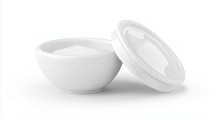 Ultra-realistic image of a white ceramic salt cellar with a small lid, isolated on a white background
