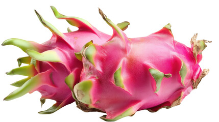A whole dragon fruit resting on a transparent background, showcasing its colorful pink and green skin, ready to be cut.