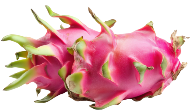 A whole dragon fruit resting on a transparent background, showcasing its colorful pink and green skin, ready to be cut.