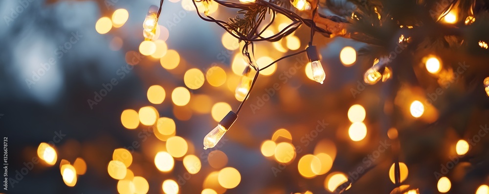Aufkleber warm christmas lights hanging on a pine tree creating a festive bokeh effect