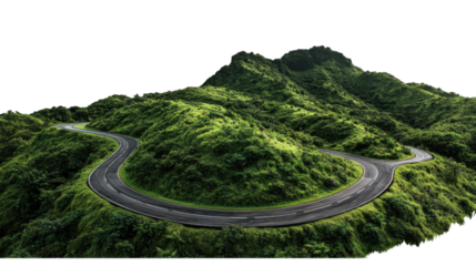 A winding mountain road surrounded by lush greenery, cut out and isolated on a transparent background, with gentle curves leading through the hills.