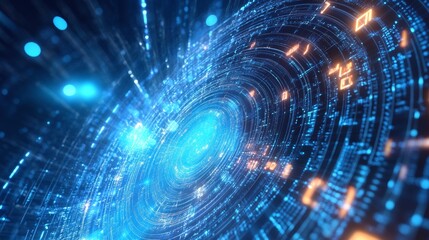 Mesmerizing swirl of glowing data particles and blue energy waves
