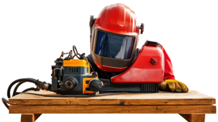 A welding machine with safety gear, isolated on transparent background, representing metalwork in home building