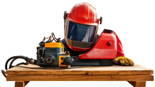 A welding machine with safety gear, isolated on transparent background, representing metalwork in home building