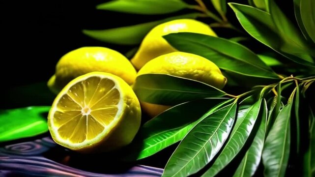 Lemon with leaves for celebration holiday sukkot, abstract vivid composition consists of background