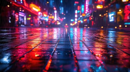 Obraz premium Futuristic Cyberpunk Cityscape Neon Lights Rainy Night