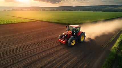 Obraz premium Red Tractor Operating in Agricultural Field at Sunset