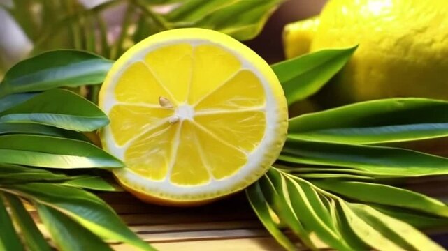Lemon with leaves for celebration holiday sukkot, abstract vivid composition consists of background