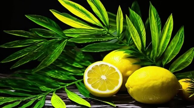 Lemon with leaves for celebration holiday sukkot, abstract vivid composition consists of background