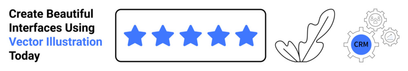 Obraz premium Five blue stars, feather icon, and CRM gear representing quality, creativity, and system optimization. Ideal for rating systems, UX design, customer feedback, branding workflow creative processes