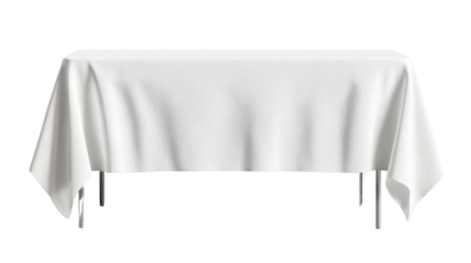 A white, smooth tablecloth draped over a dining table, cut out and isolated on a transparent background, with neatly arranged corners and no visible wrinkles.