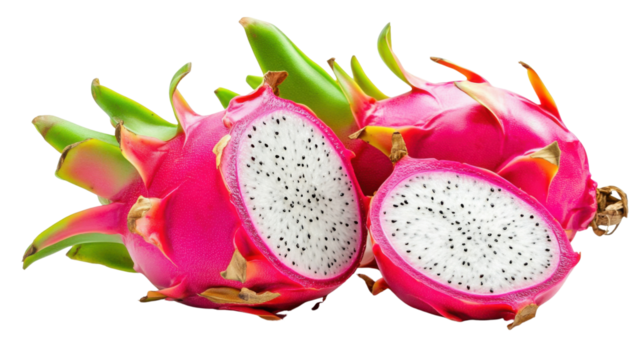 A whole dragon fruit resting on a transparent background, showcasing its colorful pink and green skin, ready to be cut.