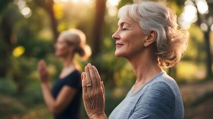 Fototapeta premium Senior women practicing yoga meditation outdoors in nature at sunset