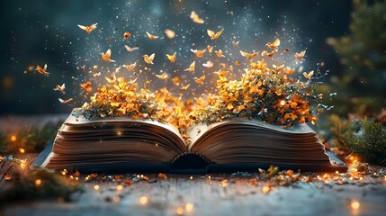 Obraz premium An open book reveals an enchanted forest filled with pages transforming into whimsical birds symbolizing the magical wonder and imagination found within the pages of classic literature
