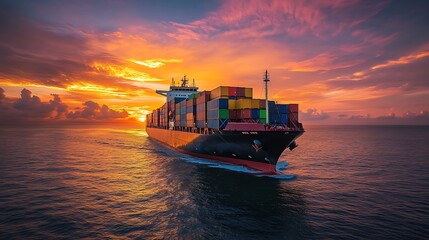 Cargo Ship Sailing on Ocean at Sunset with Dramatic Sky