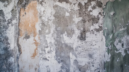 Obraz premium Rough texture of weathered wall with peeling paint and faded colors, showcasing blend of earthy tones and sense of age and mystery